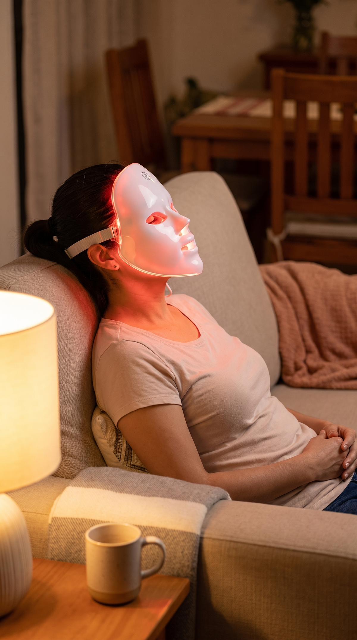 Mujer usando la mascarilla LED facial en su sala