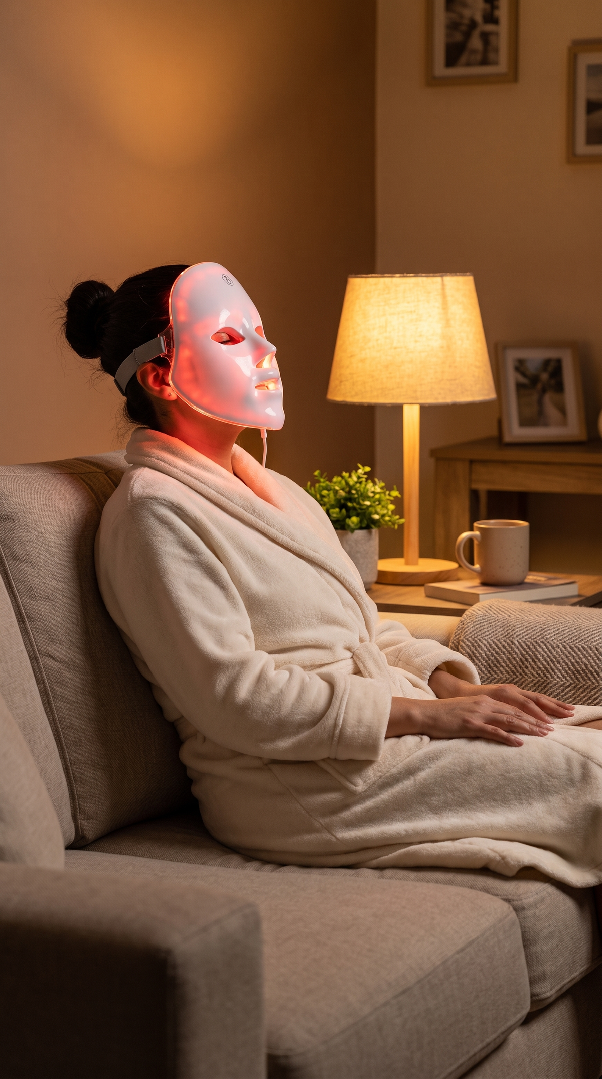 Mascarilla LED facial encendida durante la rutina de noche