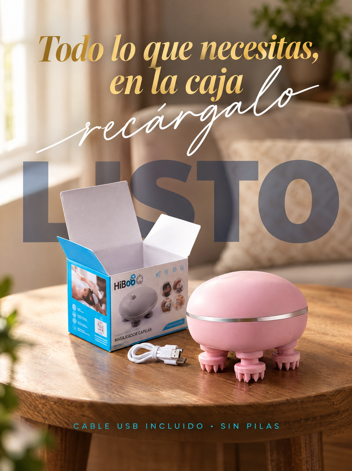 Masajeador capilar con caja y cable de carga, con tipografía de marca Lumine